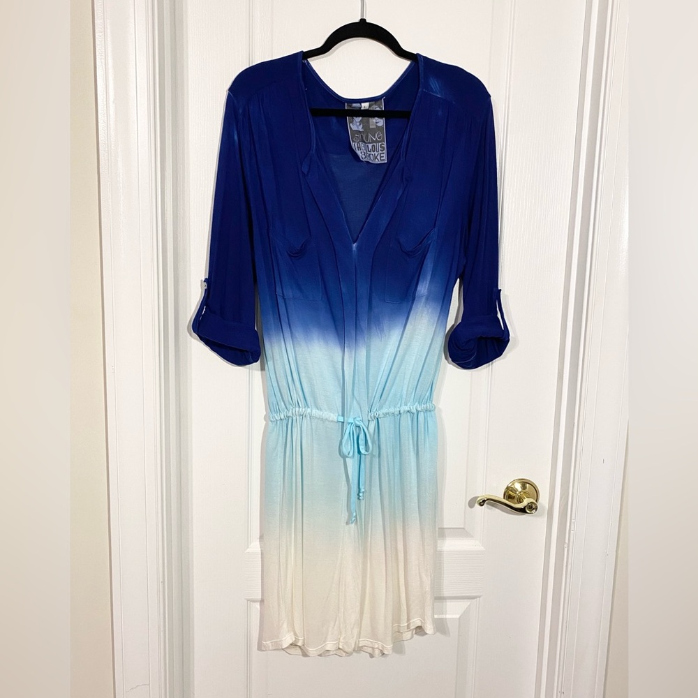 Young Fabulous & Broke Blue Ombre Long Roll Tab Sleeve Drawstring Knit Dress L